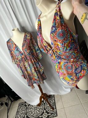 Bleu Rod Beattie One-Piece Swimsuit + Matching Cover-Up Set – Size 14/L